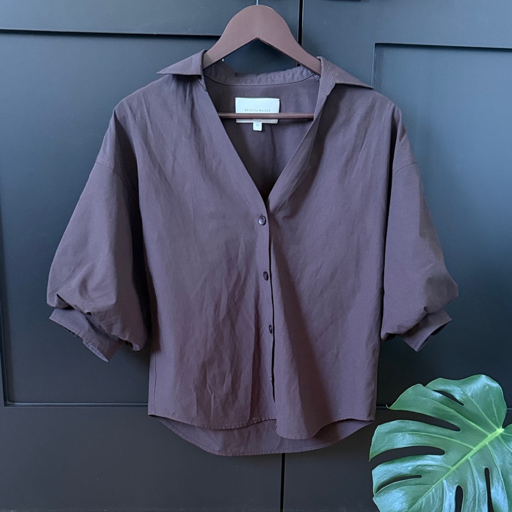 Brown Puff Sleeve Button-Up Women's Top